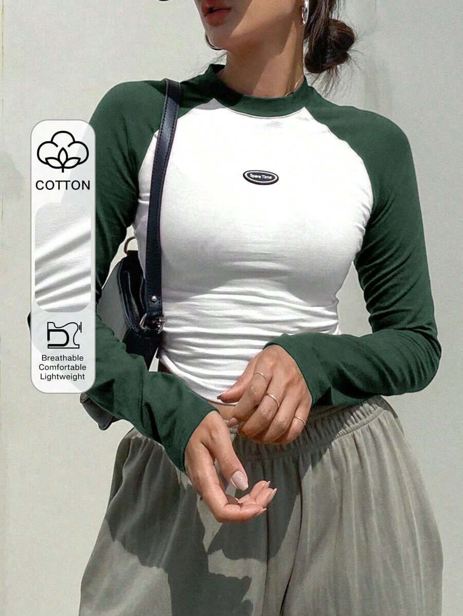 Camiseta de manga larga con bloque de color y parche de letra, top de mujer de manga larga estilo Y2K - Multicolor 3 - Ver 1