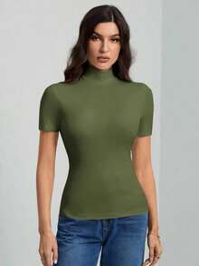 Tall Camiseta básica de unicolor negro de cuello alto con mangas cortas para mujer - Verde militar - Ver 3