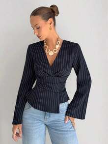 Camisa ajustada de mujer de manga larga con cuello en V a rayas - Azul marino - Ver 6