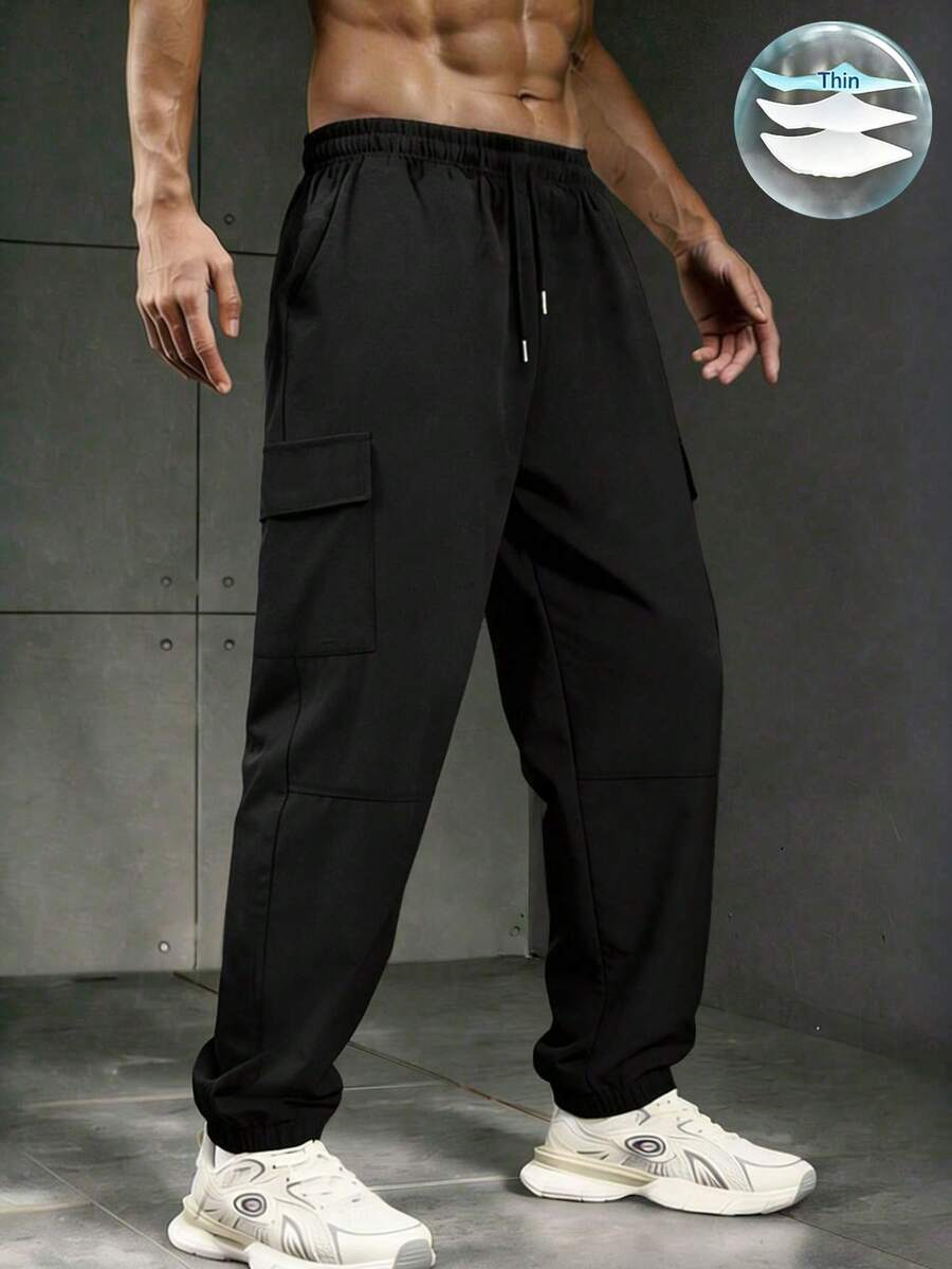 1pc Men's Loose Casual Sports Pants, Suitable For Spring/Autumn, Daily Commute, Workout, Running, Outdoor, Hiking, Relaxed Fit, Fashionable, Solid Color, Ankle-Length, Drawstring - Black - View 1