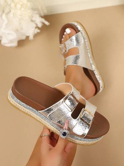 Women's New Snake Skin Platform Waterproof Slip-On Sandals, Double Buckle, Non-Slip, Beach & Casual Wear, Comfortable Summer Daily Choice