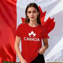 New Women's Summer Casual T-Shirt, Cotton, With Canadian Flag And Heart Print, Short Sleeve, Round Neck, Drop Shoulder, Cute Summer T-Shirt With Slightly Stretchy Fabric - Vintage Urban Style, Unisex, Loose Fit, Cotton, Short Sleeve, Round Neck. - 紅色3 - 查看 2