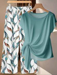 Clasi Conjunto de 2 piezas de camisa con lazo verde minimalista casual y pantalones rectos sueltos con estampado geométrico, adecuado para principios de otoño - Rojo - Ver 7