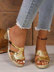 Women's Gold Metallic Chunky Heel Mule Sandals, Open Toe Slip-On Shoes For Daily & Party Wear - Gold - View 5