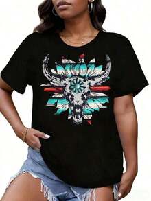 White T Shirt With Bull Skull And Feather Print Women's Casual Short Sleeve Top Boho Style Graphic Tee For Summer Fashionwoman Todo tipo de impresiones, chaqueta, camiseta de cuello redondo, casual, para oficina, para viajar, muy popular, viento deportivo, estampado/patrón, camiseta de algodón 100%, camiseta casual, cómoda, suave, transpirable The latest popular bestseller - Multicolor - Ver 1