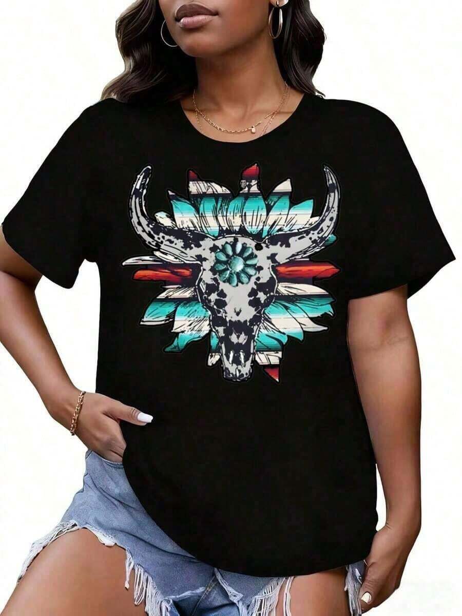White T Shirt With Bull Skull And Feather Print Women's Casual Short Sleeve Top Boho Style Graphic Tee For Summer Fashionwoman Todo tipo de impresiones, chaqueta, camiseta de cuello redondo, casual, para oficina, para viajar, muy popular, viento deportivo, estampado/patrón, camiseta de algodón 100%, camiseta casual, cómoda, suave, transpirable The latest popular bestseller - Multicolor - Ver 1