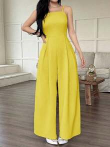 Mono de pierna ancha holgado con pliegues plegados de unicolor para uso casual y diario de verano para mujeres - Amarillo - Ver 4