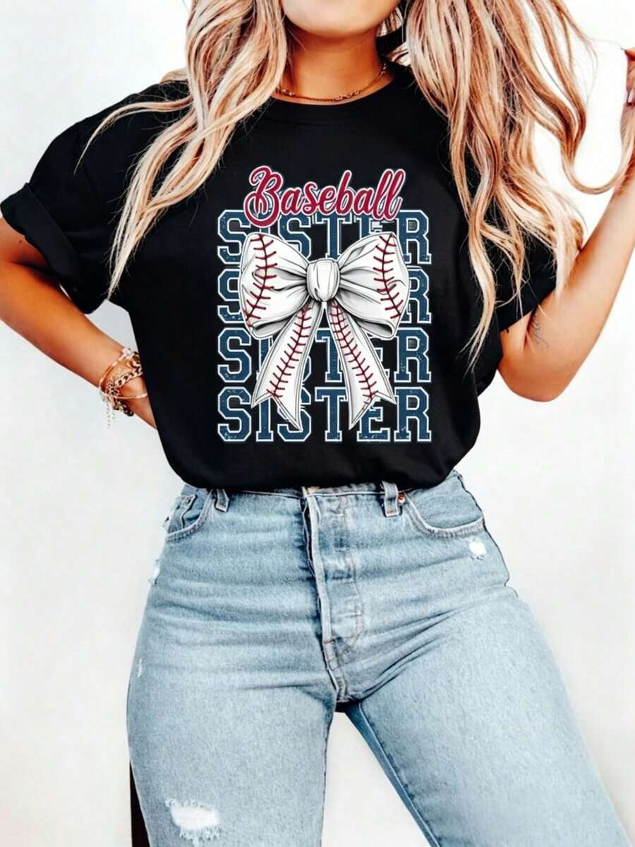 Sister Baseball Jersey, Sister Sports Set, Cute Baseball Bow Tee, Sister Game Day Tee, Aesthetic Softball Sweatshirt - 黑色 - 查看 1