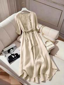 Vestido de manga media con cuello redondo, doble volante, plisado y patchwork, de estilo vintage para primavera y verano. Vestidos elegantes y casuales para mujeres. - Beis - Ver 3
