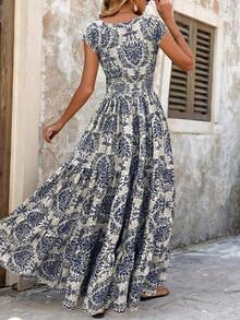Vestido largo con volantes y estampado completo, atuendo de vacaciones y playa para mujeres - Caqui - Ver 9
