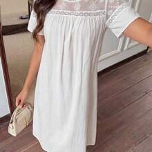 guangzhougaolangshangmao  Vestido midi de mujer con cuello redondo y mangas cortas con encaje en contraste - Blanco - Ver 8