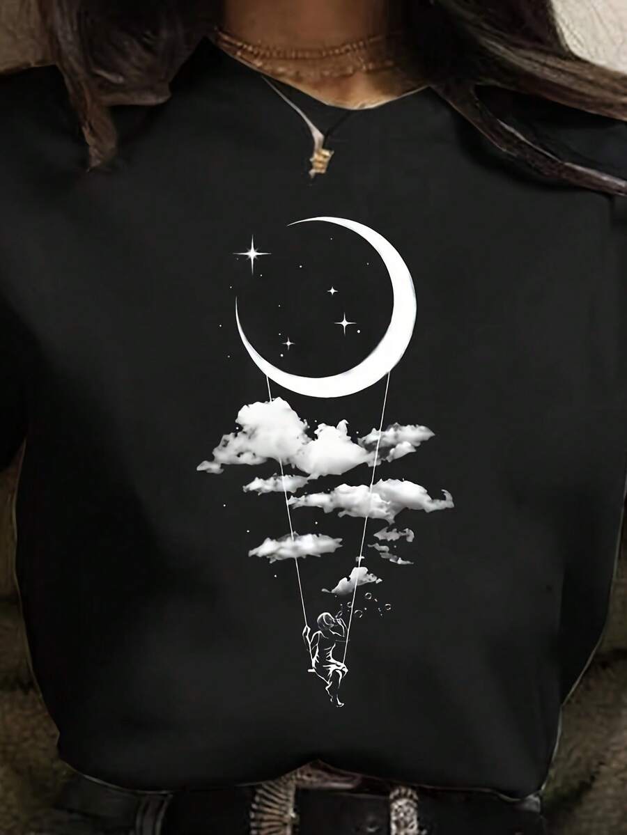 Camiseta Moon para mujer con estampado de patrón de dibujos animados
