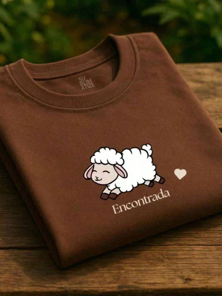 Women's T-Shirt With A Printed Sheep Design, Christian Style, 100% Cotton, Short Sleeves, And Round Neck. - Rust Brown - View 1