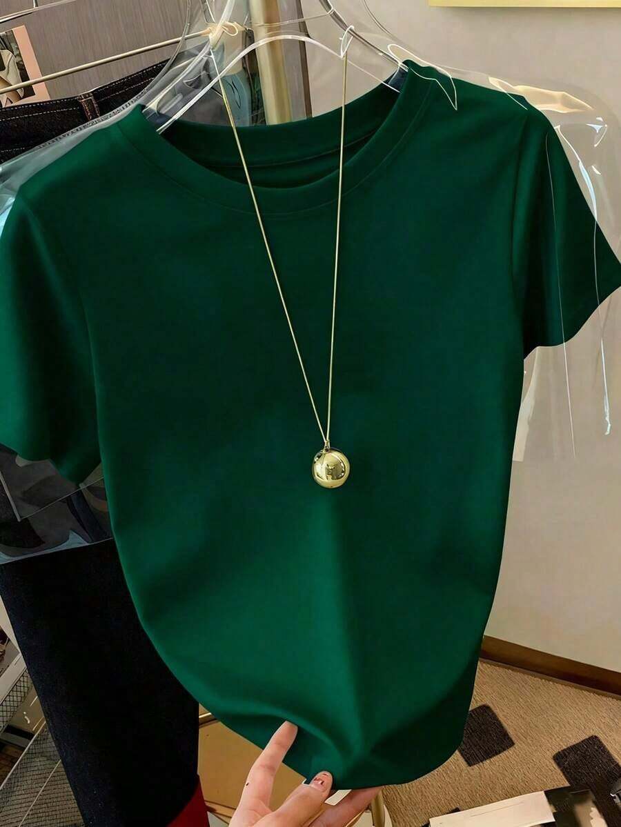 Camiseta de mujer casual de unicolor con cuello redondo y manga corta - Verde Oscuro - Ver 1