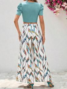 Conjunto de 2 piezas de camiseta de manga gigot de unicolor y pantalones con estampado floral verde para mujer - verde menta - Ver 2