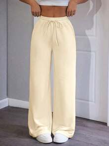 Pantalones de chándal de mujer de punto de unicolor, cómodos y casuales con pierna ancha - Albaricoque - Ver 3