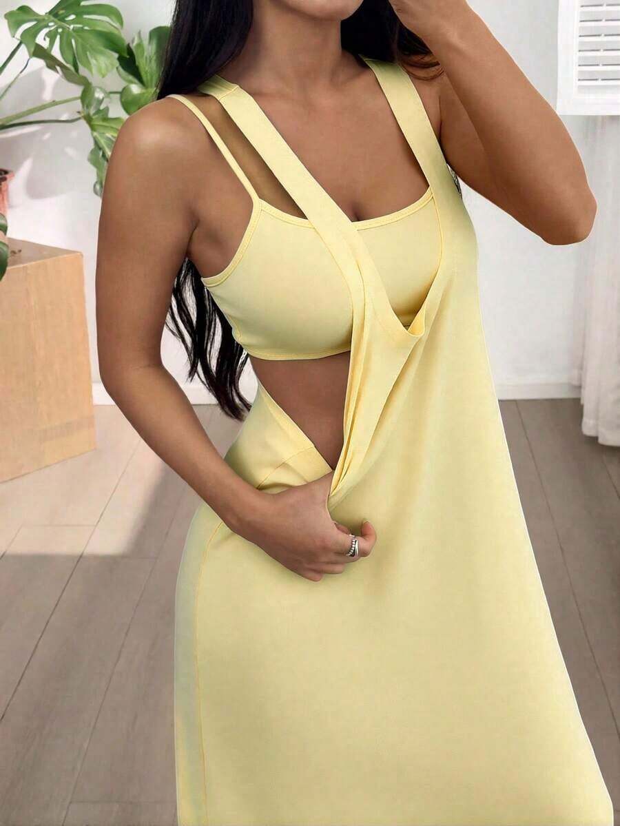 Vestido largo casual de diseño minimalista y unicolor para mujer, de verano - Amarillo claro - Ver 1