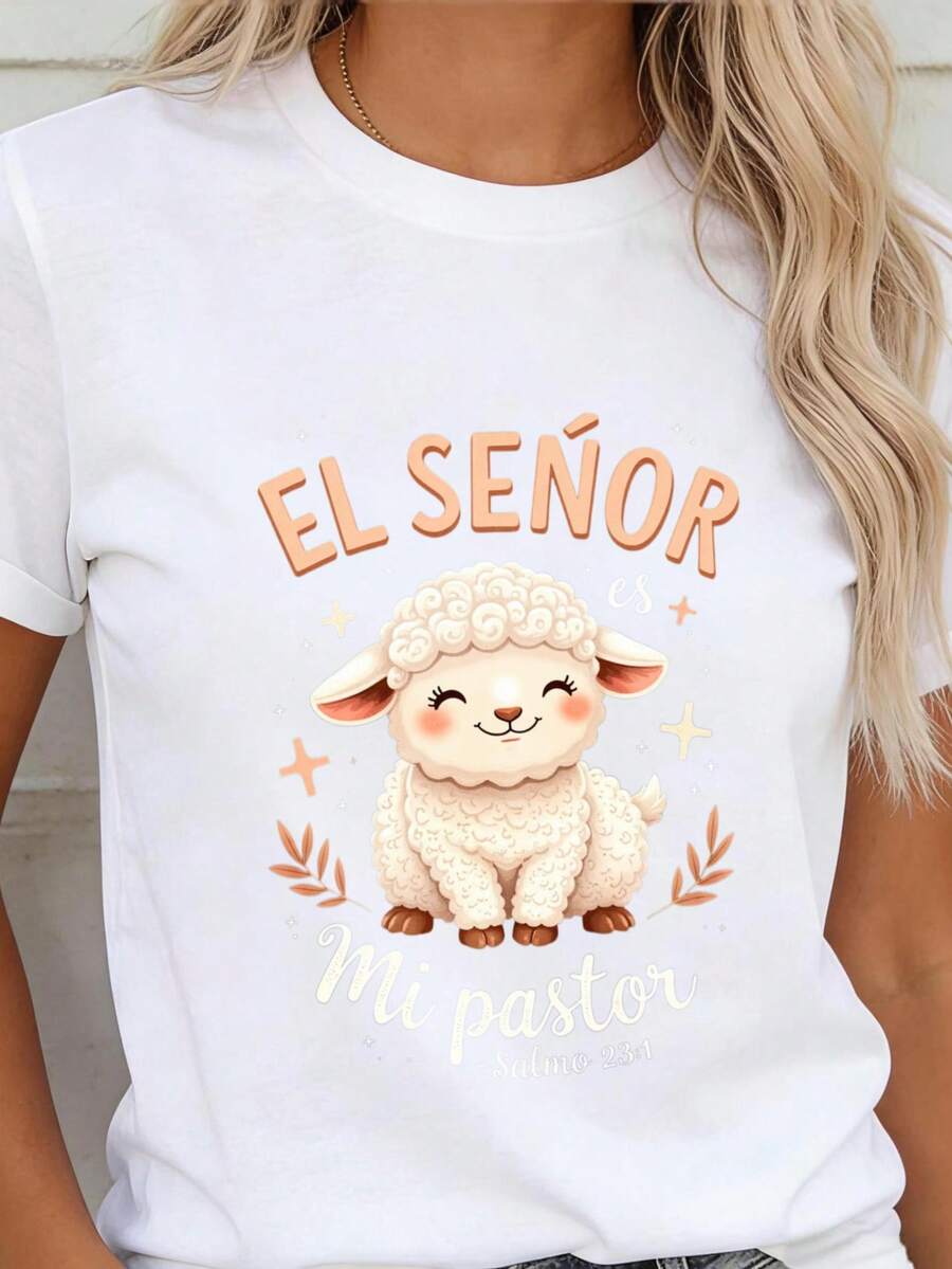 100% Cotton. 1 Piece. Suitable For Y2K Style. Women's Round Neck T-Shirt With Cute Sheep And Bible Verse Design. Loose Fit. 100% Fashionable, Versatile, And Soft Fabric. Suitable For Everyday Wear And As A Gift. Spring/Summer Style. Ideal Choice For Christian Friends, Family, And Religious Activities. Summer Top. - 白色 - 查看 1