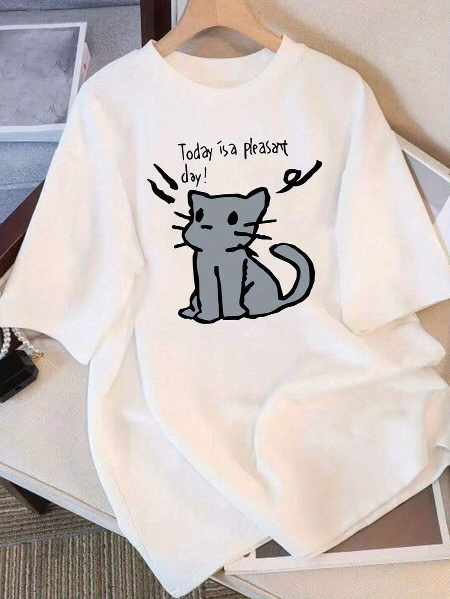 Camiseta Casual de Manga Corta con Estampado de Gatito Gris para Mujer -% Algodón, Cuello Redondo y Ajuste Holgado, Lavable aáquina, para Looks Informales - Blanco - Ver 1