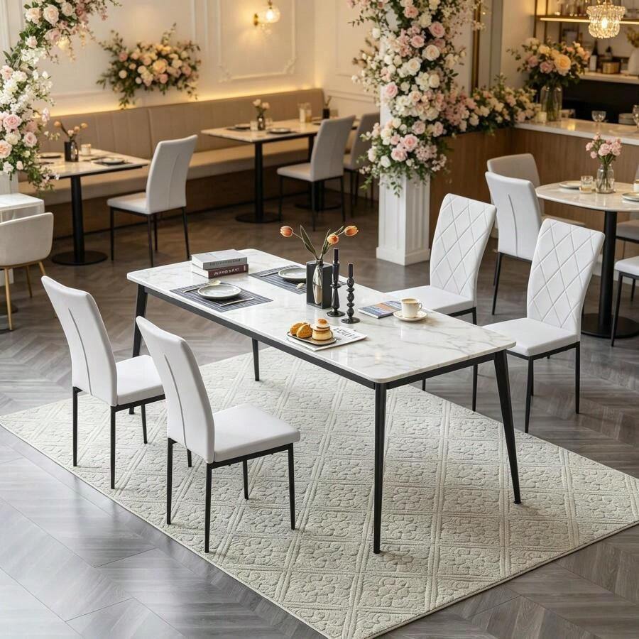 Dining Chairs with Hoh Back, Soft Duty Chairs, Elegant Kitchen Chairs, Living Room Chairs, Reception Chairs, Waiting Room Chairs 4PCS Chairs only - Schwarz + Weiß + Kunstleder + Metall1 - Übersicht 1