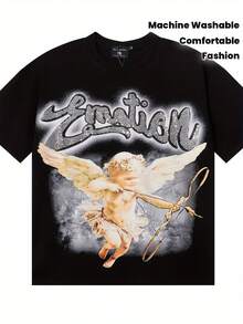 Camiseta gráfica 3D para hombre, peso pesado, con diseño de ángel y caballo, con letras góticas, tejido elástico, cuello redondo, mangas cortas, ropa casual y deportiva para todas las estaciones, lavable en máquina, camiseta negra para uso diario y ocasiones especiales.Ajuste cómodo y duradero, transpirable, disponibles en varios tamaños y colores, ajuste cómodo, amantes de la ropa de calle, moda de la calle, ropa de calle de moda, estilo de calle, moda para jóvenes adultos. - Negro - Ver 2