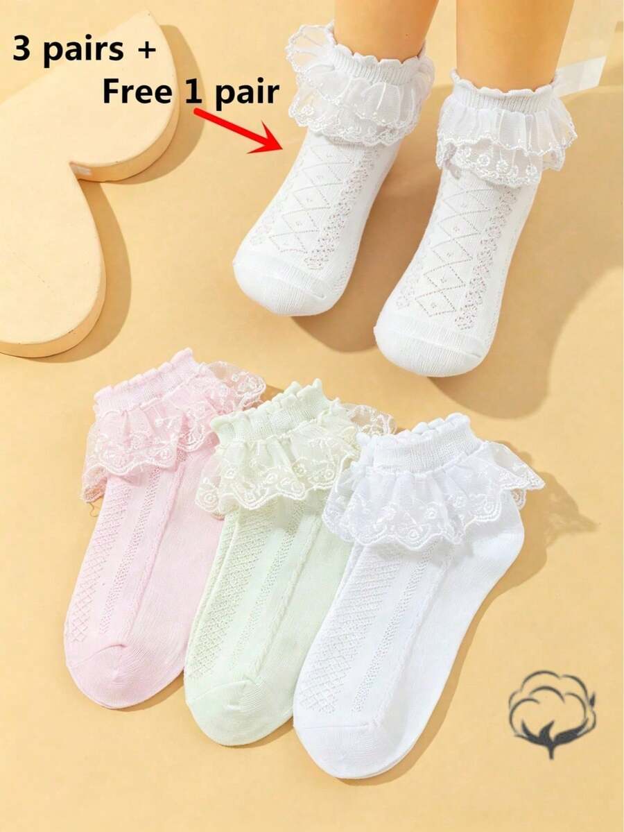 4双装(买三送一)纯棉女童纯色拉丁舞蕾丝袜,透气休闲舞蹈袜 - 彩色 - 查看 1