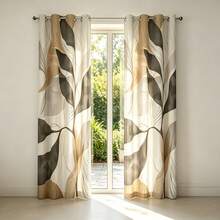 Lightweight, Semi-Sheer Curtains With A Linen Texture And Floral Print, Softly Filtering Light, 2-Piece Set For Bedroom And Living Room - Khaki - View 2