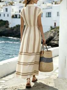 Holidaya Vestido camisero casual de mujer con botones y estampado de rayas de contraste - Negro - Ver 6