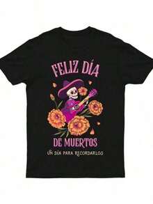 Soft playera de hombre Day Of The Dead Mexican T-Shirt Sugar Skull Dia De Los Muertos Gothic#V#DD199 Camiseta de algodón de manga corta con cuello redondo, estilo retro casual y versátil para el día a día y salidas.patrón - Negro - Ver 1