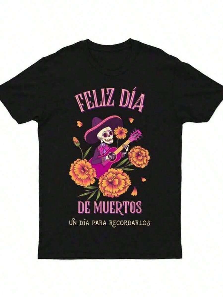 Soft playera de hombre Day Of The Dead Mexican T-Shirt Sugar Skull Dia De Los Muertos Gothic#V#DD199 Camiseta de algodón de manga corta con cuello redondo, estilo retro casual y versátil para el día a día y salidas.patrón - Negro - Ver 1
