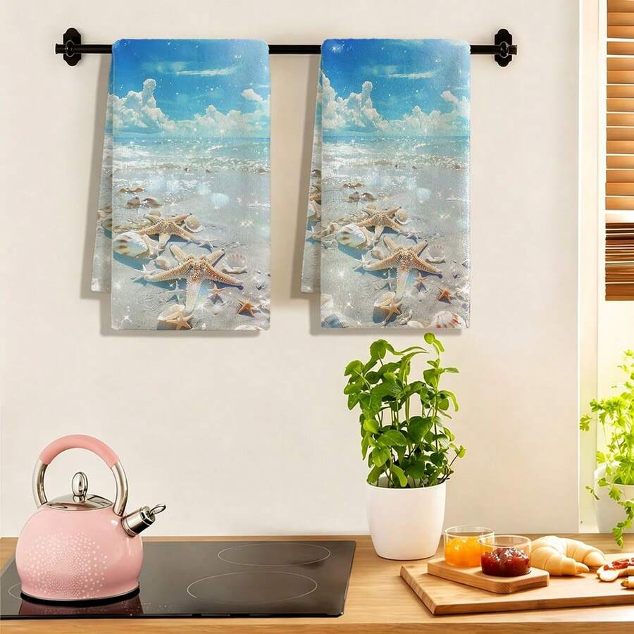 1pc/2pcs/4pcs Polyester Kitchen Towels, Beach Starfish And Shell Print, Soft Fabric, Highly Absorbent And Quick Drying, Washable And Reusable, Suitable For Kitchen Cleaning - Multicolor - View 1