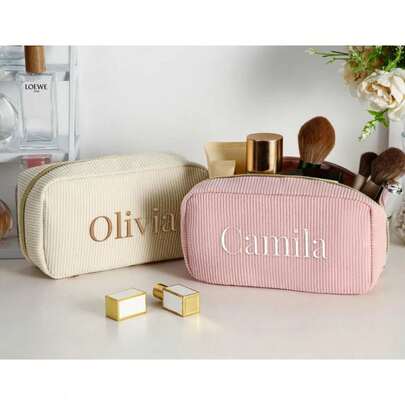 1pc Personalized Makeup Bag, Custom Embroidered Storage Pouch, Travel Cosmetic Bag, Bridesmaid Toiletry Bag, Zipper Closure, Handbag For Vacation Party, Women's Makeup Case, Wedding Gift, Birthday Gift For Her, Bridesmaid Gift, Valentine's Day Gift, Party/Sorority Gift, Gift For Mom, Girlfriend, Suitable For Anniversary, Graduation, Back To School ,Forever Love, Father's Day Gift