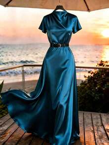 Vestido de mujer elegante con bloqueo de color, adecuado para ir al trabajo, vacaciones, con pliegues en los hombros, cintura elástica con cinturón, versátil para negocios, oficina, citas, uniforme de maestra, Navidad, Año Nuevo, reuniones casuales, viajes, elegante, minimalista, para todas las estaciones, playa, verano, resort, formal, noche, fiesta - Negro - Ver 4