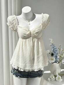 Blusa de mujer con cuello cuadrado cómoda, con detalle de recorte y manga corta, adecuada para vacaciones, playa, citas, versátil - Amarillo claro - Ver 3