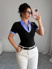 Camiseta casual de negocios de estilo vintage 2 en 1 para mujer, adecuada para la oficina, temporada de regreso a clases - azul y negro - Ver 3