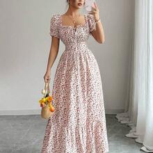 Nana's Women's Clothing Store  Nuevo vestido de mujer con estampado digital, mangas abullonadas, nudo delantero, espalda descubierta y cintura ceñida. Elegante y chic para vacaciones, citas, estilizador y adelgazante - Naranja - Ver 5