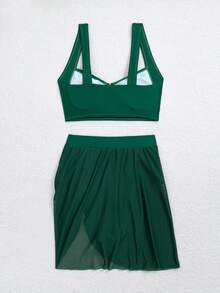jeederkim Nuevo top de bikini de verano para mujer con decoración metálica, falda mini transparente a juego, adecuado para usar en la playa y de vacaciones - Verde Oscuro - Ver 7