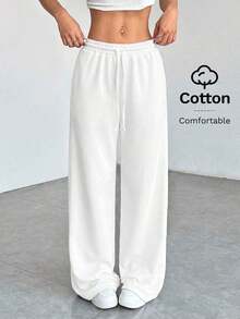 Pantalones de chándal de mujer de punto de unicolor, cómodos y casuales con pierna ancha - Blanco - Ver 7