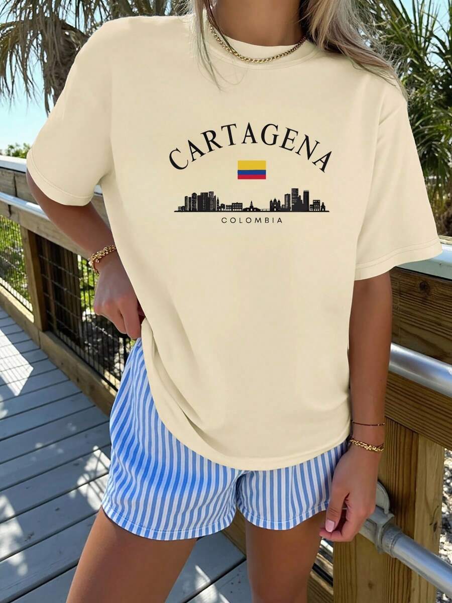 Blusa casual para mujer, camiseta de manga corta con cuello redondo, 100% algodón, lavable a máquina, fácil cuidado, diseño casual con estampado de letras, silueta de la ciudad de Cartagena y insignia de la bandera, nueva colección de verano 2026 para uso diario y viajes, camisas de algodón para mujer. - Albaricoque - Ver 1