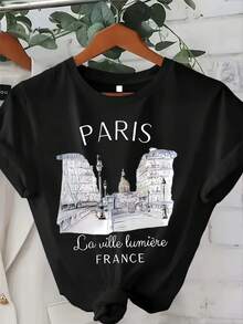 Camiseta de cuello redondo con estampado de moda de París para el verano - Negro - Ver 5
