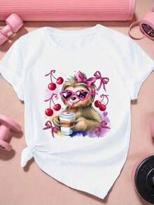 Camiseta Deportiva de Manga Corta para Mujer, Talla Grande, con Ilustración de Perezoso|   Corte relajado|   Tallas grandes, transpirable y cómodo - Blanco - Ver 6