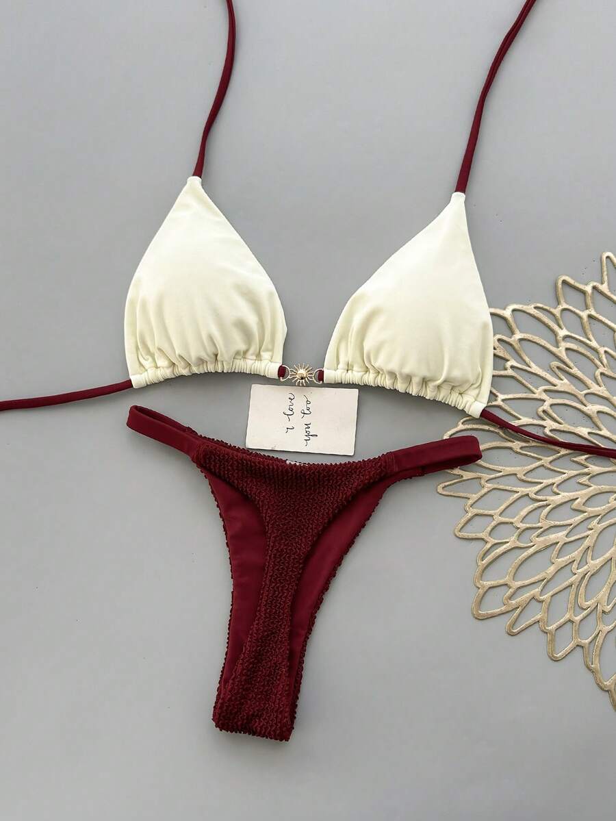 Bộ 2 món bikini đi biển phong cách Bohemian thanh lịch gợi cảm, họa tiết hoa, dây buộc tết, phù hợp cho kỳ nghỉ bãi biển mùa Xuân/Hè - Màu Đỏ Sâu - Xem 1