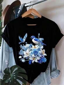 Camiseta de algodón para mujer con diseño sencillo, cómoda, transpirable y versátil, un artículo esencial. Top de primavera/verano lavable a máquina, tela suave, adecuada para uso diario, con temática navideña, textil transpirable, top estampado, estilo primaveral, entrega local. Camiseta estampada de moda para mujer - top casual de manga corta y cuello redondo - ligera y transpirable, adecuada para el guardarropa de primavera/verano. - Negro - Ver 6