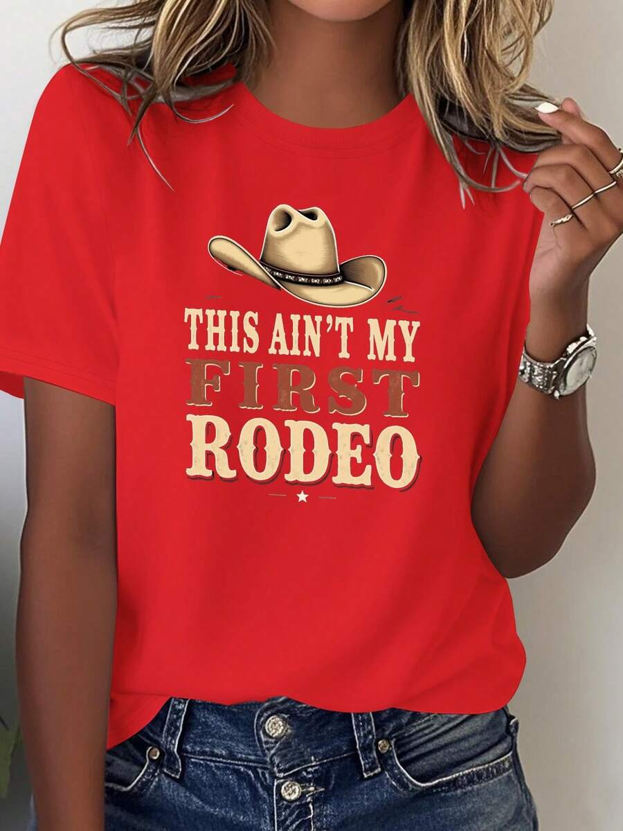 Women's Western Cowboy Design T-Shirt - Slogan "This Is Not My First Rodeo", With Cowboy Hat And Horseshoe Design - 100% Casual And Comfortable Short-Sleeve T-Shirt In Blue And Gold, Suitable For Country Western Style Events And Everyday Wear - Geometric Design, Machine Washable, Suitable For All Seasons, Loose Fit, Bright Blue, Fun Western Theme, Round Neck, Eye-Catching Piece, Adds A Touch Of Style To Your Casual Outfit. - 紅色 - 查看 1