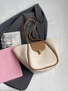 Nueva bolsa de hombro de material de PU impermeable de unicolor estilo clásico, con cierre magnético, gran capacidad, adecuada para viajes, compras, ir al trabajo, salidas y citas - Beis - Ver 8