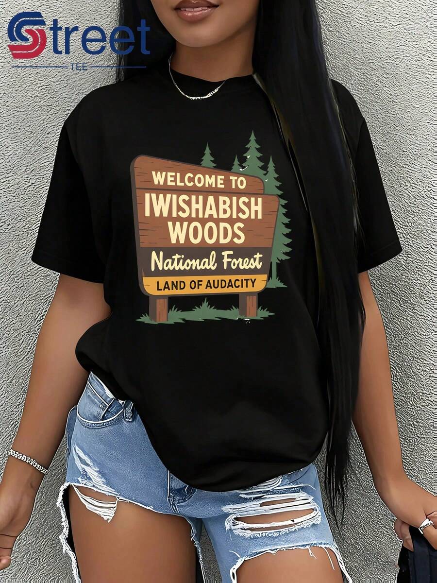 Women's T-Shirt With I Wishabish Woods Forest Logo Print, Short Sleeve, For Outdoor Activities, Fun, Casual, Fashionable, Soft, Breathable Fabric, Customized For Young Fashion Enthusiast Women - 黑色 - 查看 1