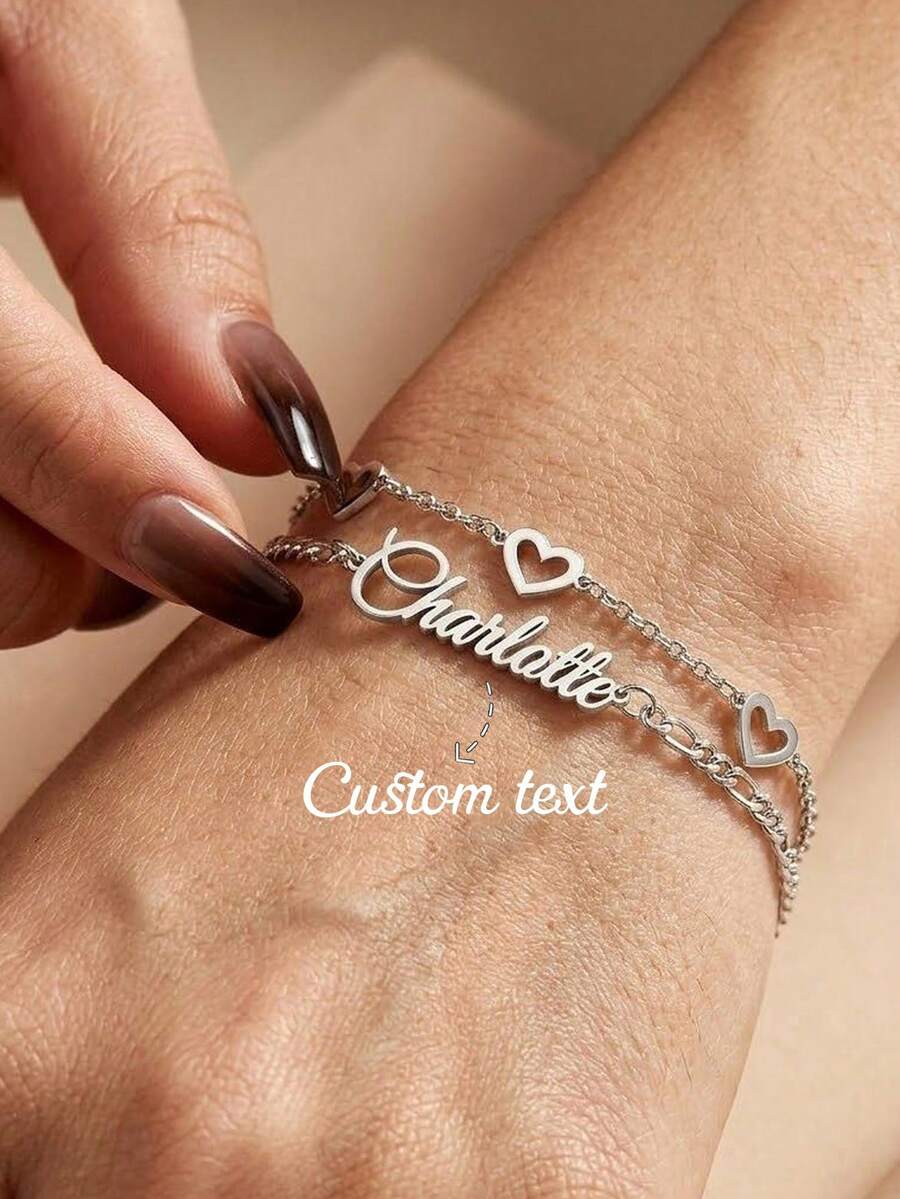 Pulsera personalizada con nombre brillante y efecto escarcha para mujer, de acero inoxidable con letra personalizada y ajustable, joyería de estilo bohemio para verano y playa, regalo ideal para el Día de San Valentín, Día de la Madre, aniversario o cumpleaños - Plata-Doble Capa - Ver 1