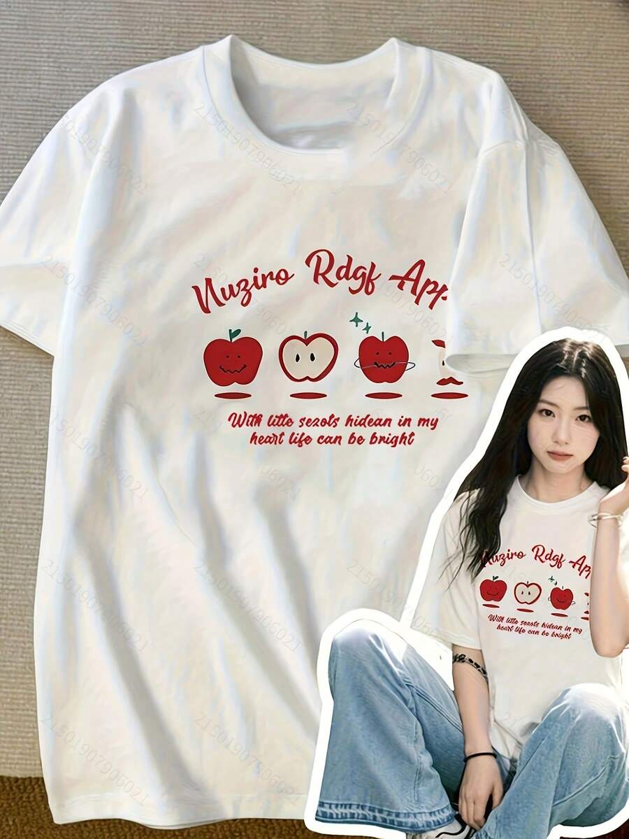 Camiseta informal de manga corta y corte holgado para mujer: con estampado de manzana roja de dibujos animados y letras, diseño transpirable de cuello redondo, perfecta para primavera y verano, camiseta moderna de alta calidad. USQV - Blanco - Ver 1