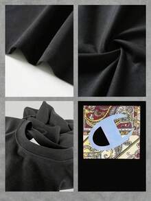 Gráfico con formas curvas y fondo de patrones dorados y rojos que representan energía y elegancia moderna camiseta de mujer  con cuello redondo y ajuste cómodo para uso diario - Negro - Ver 4