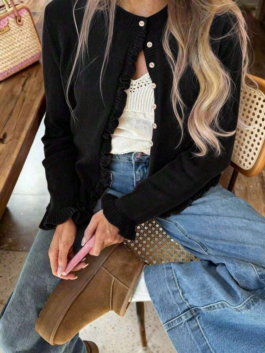 New Stylish And Fashionable Solid Black V-Neck Long-Sleeve Knit Sweater, Ruffled Cardigan Ideal For Everyday Wear, Versatile And Casual Fitted Cardigan For Daily Use - Black - View 1